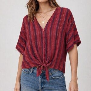 Rails Thea maroon and metallic striped tie front blouse